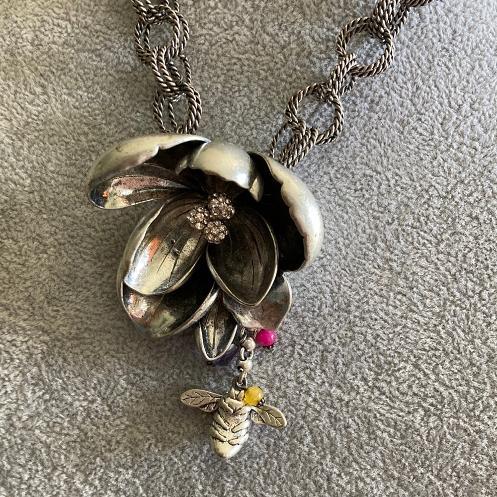 Statement piece with Floral & Bee Pendant Necklace with Pink and Yellow Accents